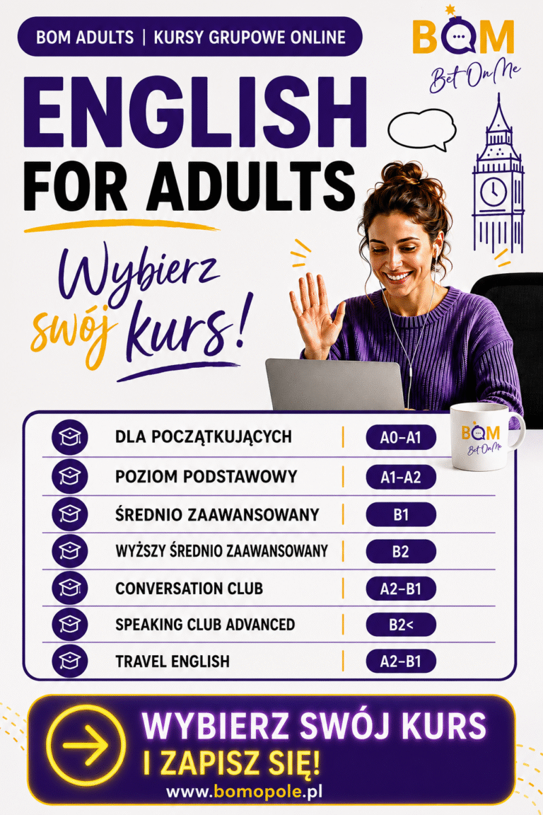 Rodzaje kursów Angielski ADULTS grupy online Bet On Me BOM Opole