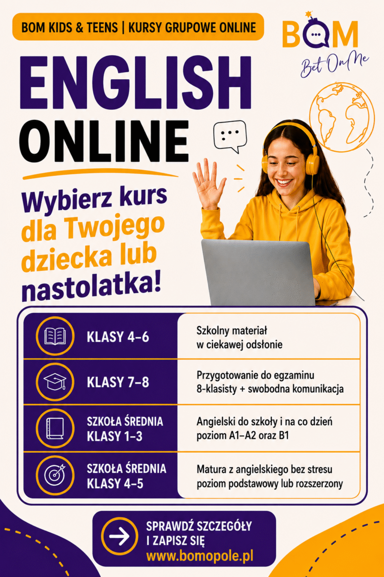 Rodzaje kursów Angielski kids&teens grupy online Bet On Me BOM Opole