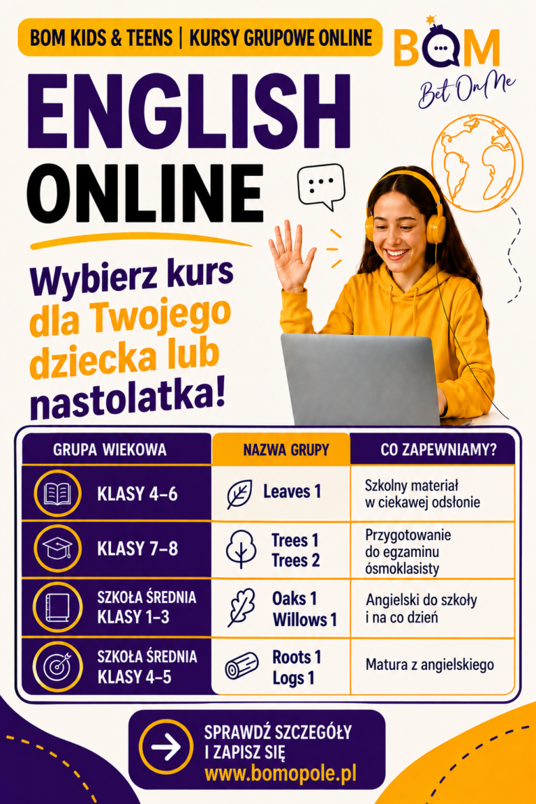 Rodzaje kursów Angielski kids&teens grupy online Bet On Me BOM Opole 1