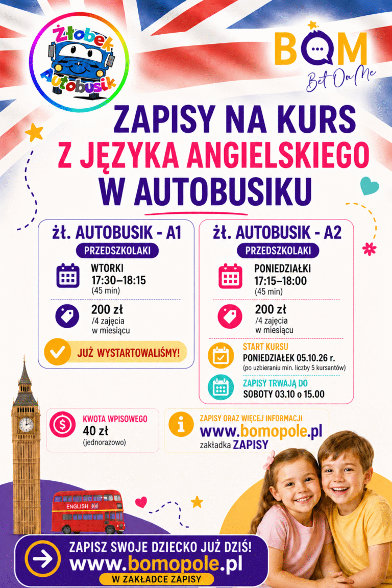 Zbiorczy plakat A1 i A2 Zapisy na angielski z BOM dla przedszkolaków Autobusik