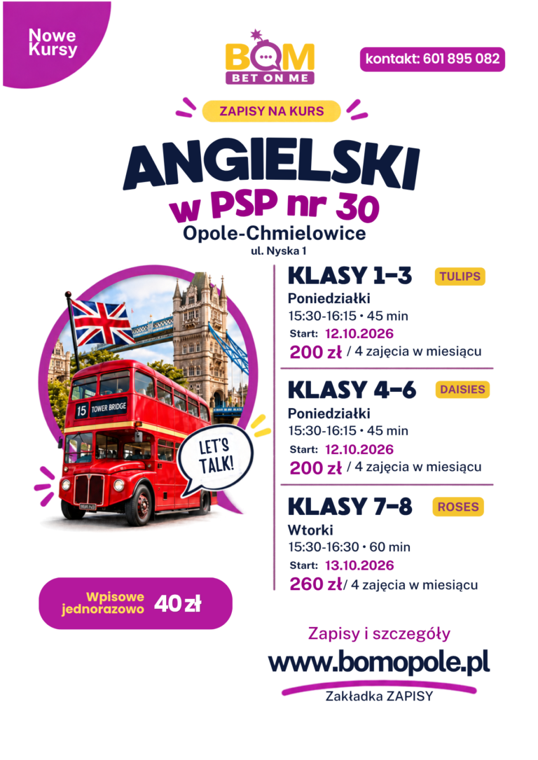 kurs języka angielskiego dla klas 1-8 BOM psp Chmielowice
