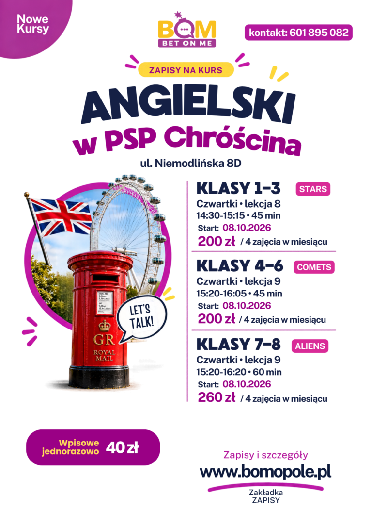 kurs języka angielskiego dla klas 1-8 BOM psp chróścina