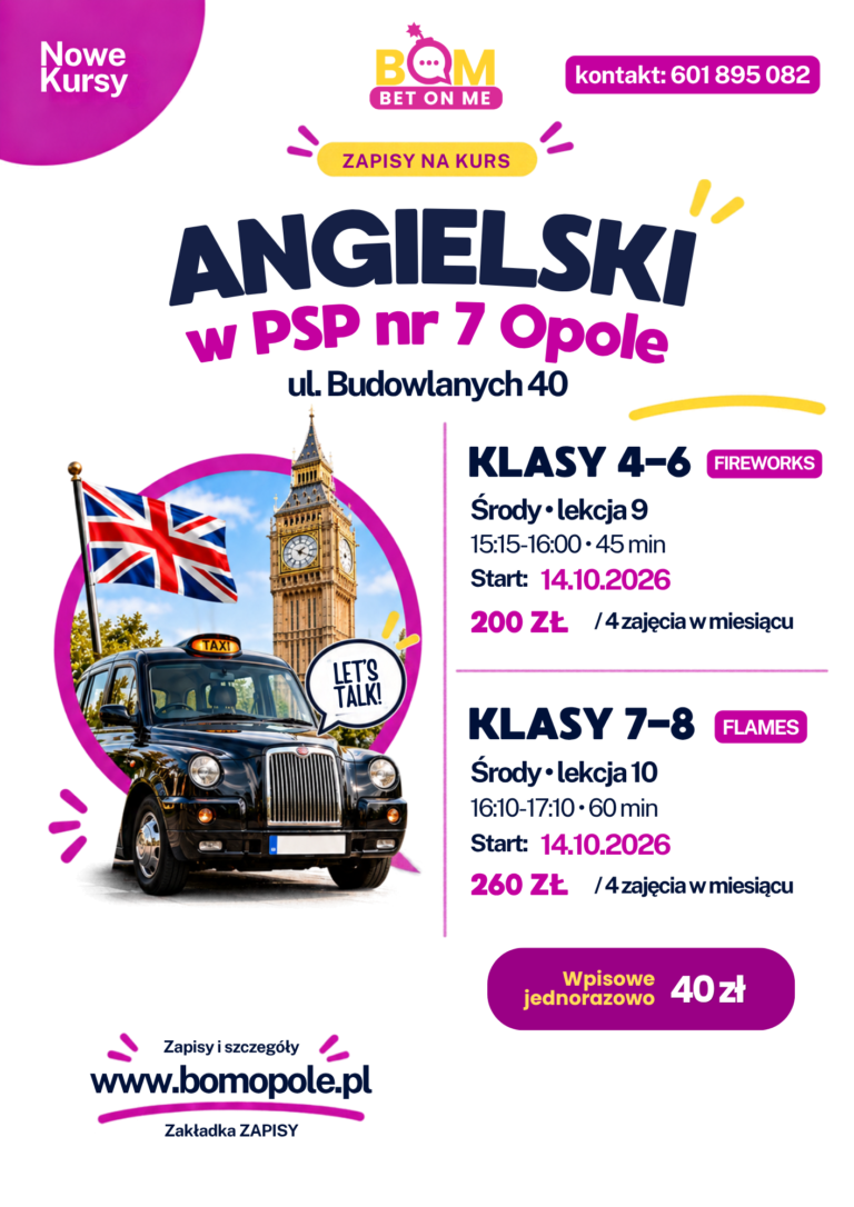 kurs języka angielskiego dla klas 1-8 BOM psp 7 opole budowlanych
