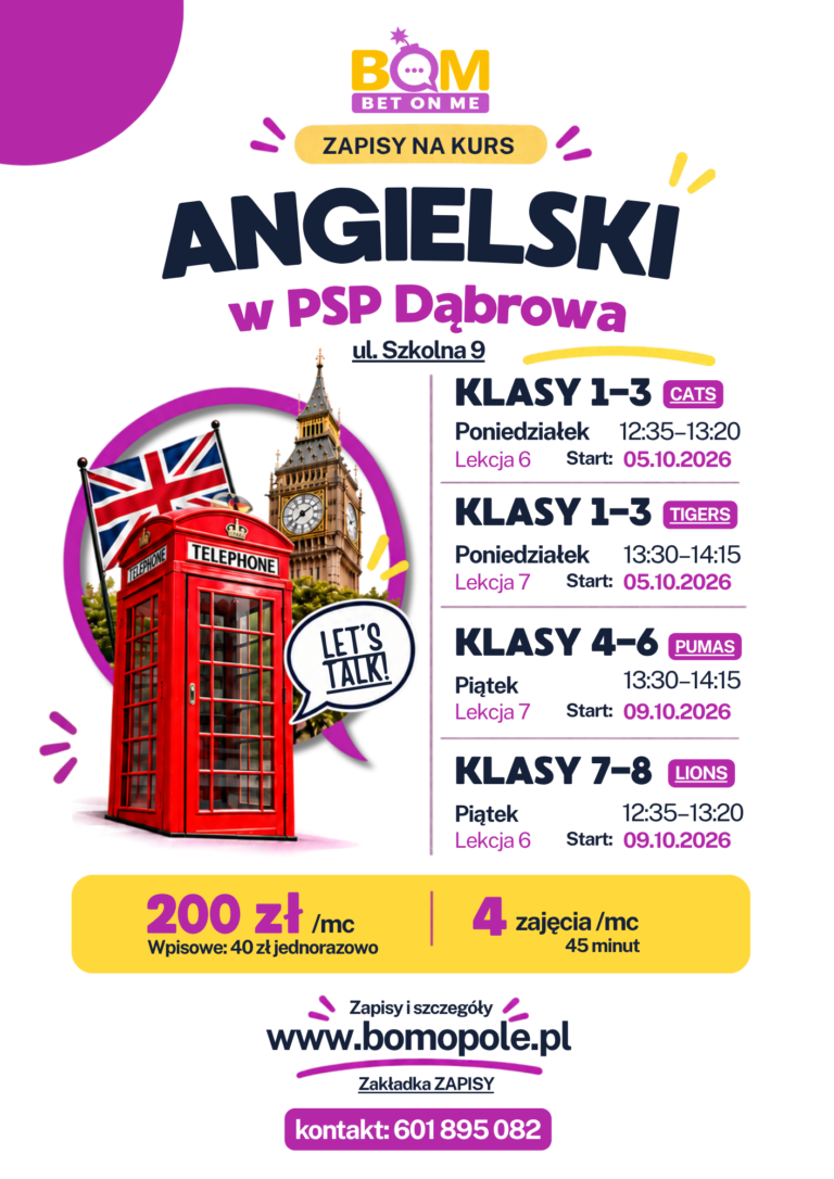 kurs języka angielskiego dla klas 1-8 BOM psp Chmielowice
