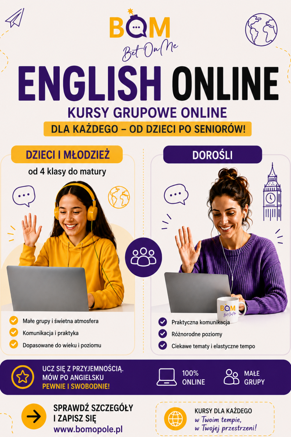 Angielski grupy online dla dzieci, młodzieży i dorosłych Bet On Me BOM Opolle